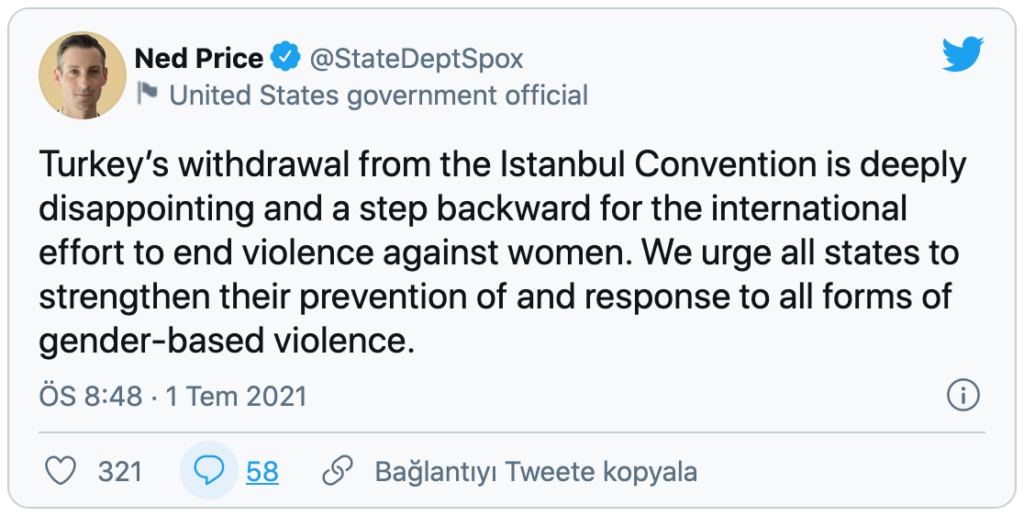 ABD Dışişleri Bakanlığı’ndan Türkiye’nin İstanbul Sözleşmesi’nden çekilmesine ilişkin açıklama