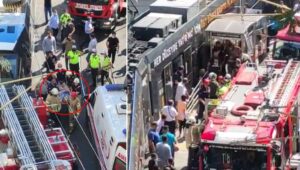 İndiği tramvay ile durak arasında sıkıştı