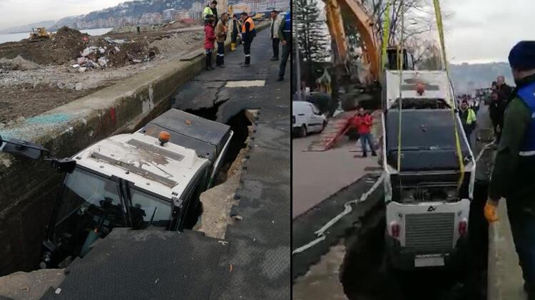 Rize’de sahildeki yürüyüş yolunda göçük; belediye aracı çukura düştü