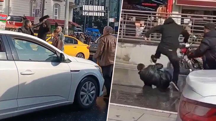 Osmanbey’de trafikte kavga kamerada: Yumruk darbesiyle yere savruldu