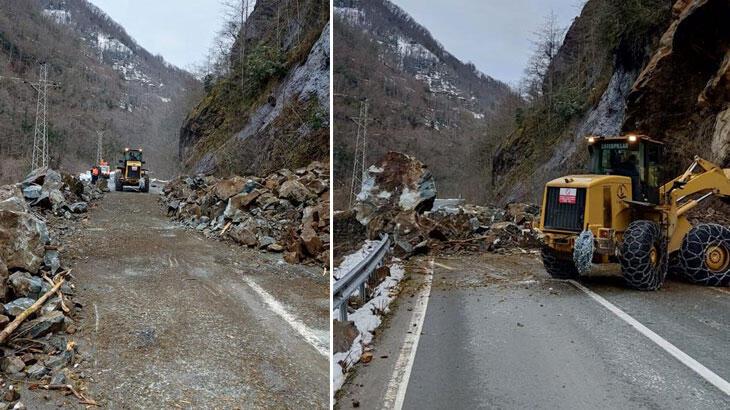 Rize’de heyelan; düşen kayalar yolu kapattı