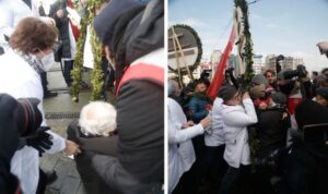 Taksim Meydanı’na çelenk bırakmak isteyen İstanbul Tabip Odası üyelerine polis müdahalesi: ‘Bu ne rezilliktir ya! Utan Erdoğan!’