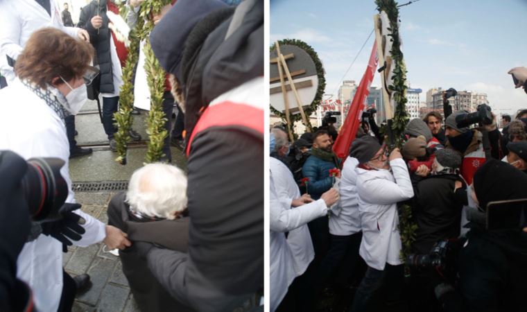 Taksim Meydanı’na çelenk bırakmak isteyen İstanbul Tabip Odası üyelerine polis müdahalesi: ‘Bu ne rezilliktir ya! Utan Erdoğan!’