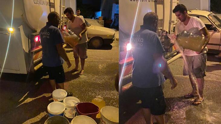 Bodrum’da su kesintisi yaşanan mahallede muhtar tankerle su dağıttı