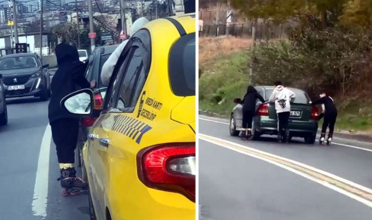 Canlarını hiçe saydılar: Küçükçekmece’de ‘patenli’ çocukların trafikte tehlikeli yolculuğu