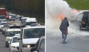 TEM’de hareketli anlar: Hafif ticari araç alev alev yandı!